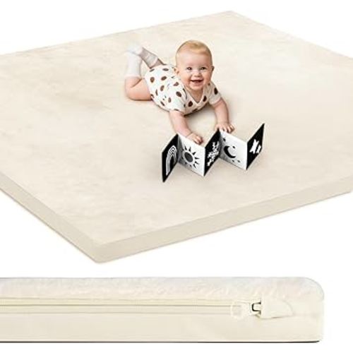 Baby Play Mat, Leather & Velvet Mat, Double-Sided/Reversible Mat, 50x50 Playpen Mat, 1.3" Thick Non-Toxic Cushioned, Waterproof Soft Crawling Mat for Infants and Toddlers, Beige