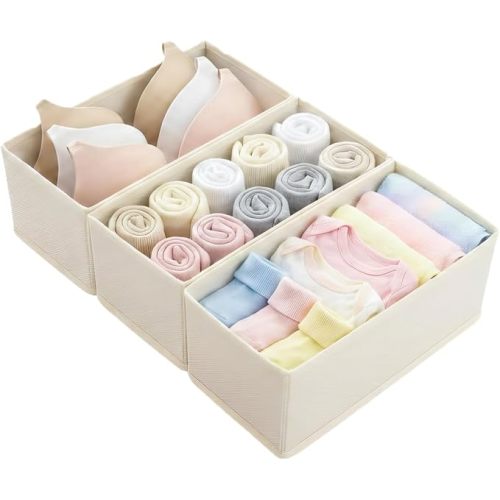 Small Foldable Fabric Drawer Organizer 3 Pack Beige - 11“ Breathable Closet & Dresser Storage Bins for Socks, Underwear, Bras & Baby Clothes