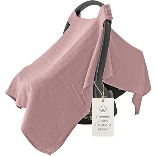 MOZAH 100% Organic Muslin Baby Car Seat Cover Muslin Carseat Canopy Baby Car Seat Covers for Girls (Pale Mauve)