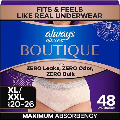 Always Discreet Boutique Black, Reimagined Adult Diapers for Women, Maximum Absorbency Incontinence and Postpartum Underwear Size XL/XXL, Fits and Feels Like Real Underwear, 48 Count