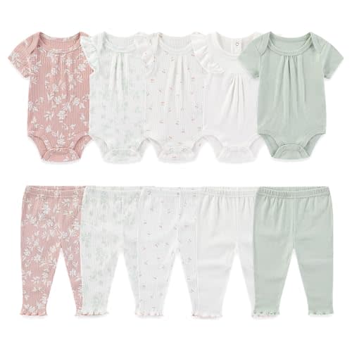 Kiddiezoom Newborn Baby Layette Set 10-Piece with Bodysuits and Pants Set for Unisex Baby Gift Sets