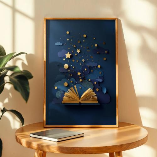Magical Book and Stars Nursery Wall Art – Dreamy Blue and Gold Kids Room Decor, Whimsical Storybook-Inspired Print