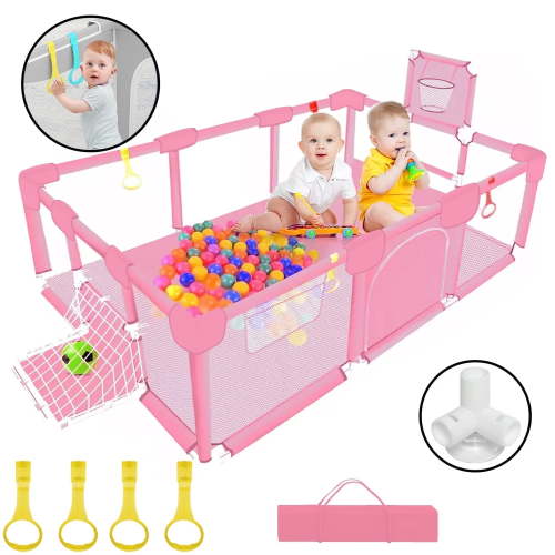 HioHa Large Baby Playpen, Big Baby Playard with Basketball Hoop, 71 inch Portable Play Yard Baby Fences with Storage Bag for Infant Toddler