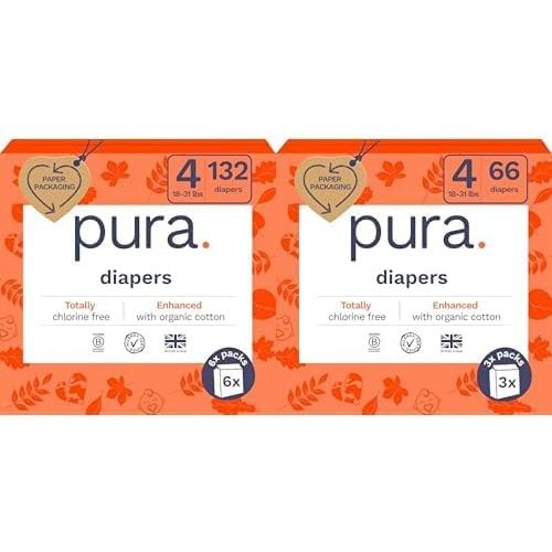 Pura Sensitive Skin Baby Diapers | Size 4 (18-31 lbs) | Bulk, Hypoallergenic, Totally Chlorine Free, Fragrance Free, | 9 Packs of 22 (198 Diapers)