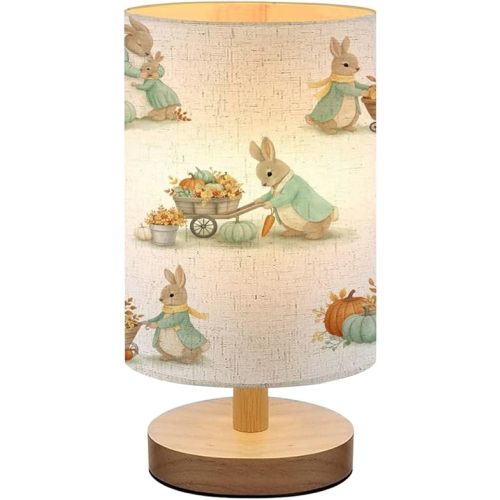Bedside Lamp for Bedroom, seamless pattern childrens illustrations rabbit autumn pattern nursery Small Lamp, Linen Lampshade Table Lamp, Dimmable Nightstand Lamp with Woodbase for Living Room Office