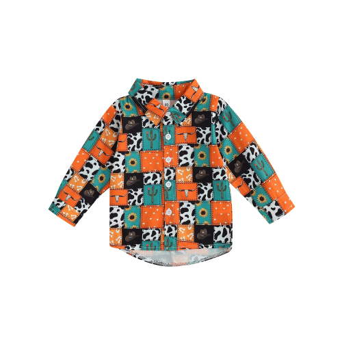 Wassery Western Toddler Autumn Clothes 6M 12M 18M 24M 3T 4T Baby Boy Long Sleeve Lapel Pattern Print Shirt Tops Cowboy Country Clothing 6M-4T