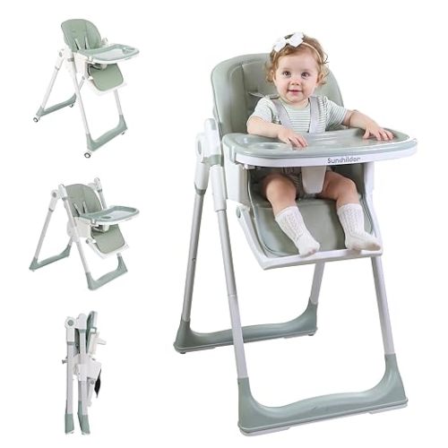 3-in-1 Baby High Chair with Wheels, 5-Point Harness, Tray, Footrest, and Backrest, Foldable and Adjustable for Toddlers 6-36 Months, Green