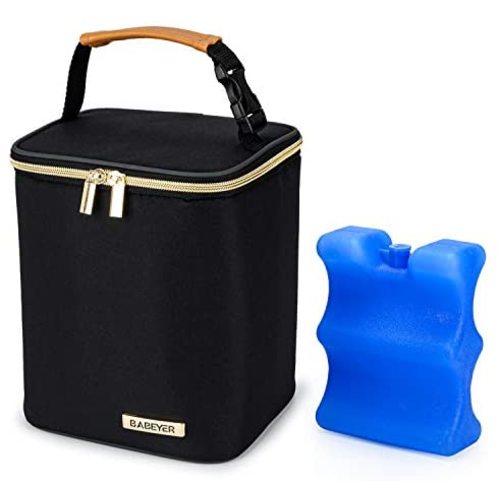 BABEYER Breast Milk Cooler Bag with Ice Pack Fits 4 Baby Bottles Up to 9 Ounce, Baby Bottle Cooler Bag Suitable for Nursing Mom Daycare, Black