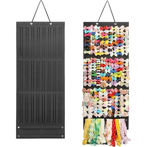 PACMAXI Baby Girl Hair Bows Holder, Hair Clips Storage Hanger For Ribbons, Hair Bows Organizer, Baby Hair Clip Storage Display Sturdy Stand, Wall Hanging for Girl Room (Black, Large)