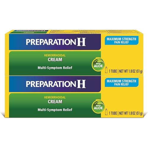 Preparation H Hemorrhoid Symptom Treatment Cream (2 x 1.8 Ounce Tube), Maximum Strength Multi-Symptom Pain Relief with Aloe