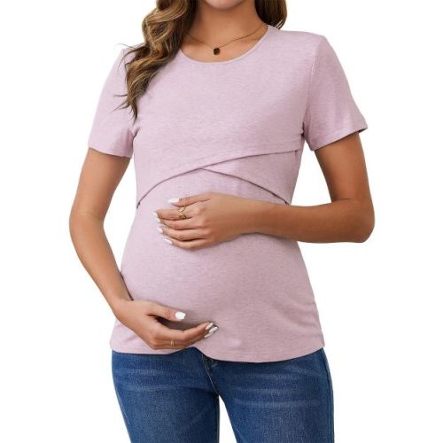 INSPIRE CHIC Women's Ribbed Knit Short Sleeve Nursing Shirts Crossover Maternity Breastfeeding Tops Medium Pink Gray