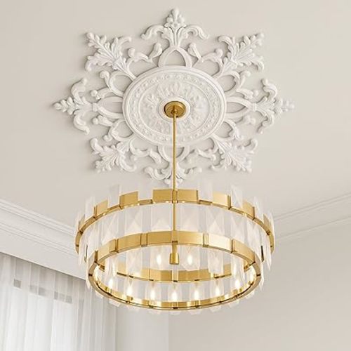 Nuanchu Large PU Ceiling Medallion Combination Decorative 2.36'' ID French Style Chandelier Base Ceiling Medallion for Light Fixtures Victorian Rosette Light Covers for Chandeliers(33.5'',Novel)