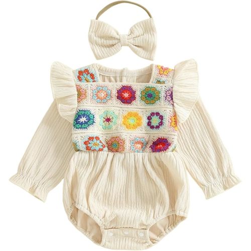 Baby Girl Crochet Flower Romper Ruffled Sleeve Smocked Bubble Romper Bodysuit Clothes Bow Headband Newborn Fall Outfit