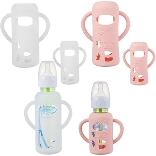 4 Pack, Silicone Sleeves Compatible with Dr. Brown's Options+ Narrow Glass Bottles, 4oz & 8oz, Pink & Translucent