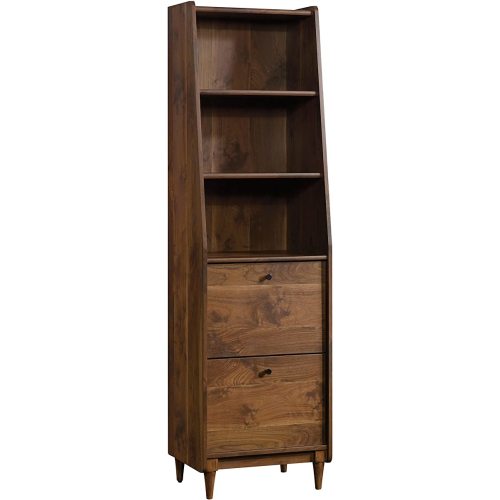 Sauder Harvey Park Tall Bookcase with Drawers, Mid-Century Modern Design, Narrow Bookcase - Grand Walnut Finish
