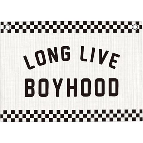 Black and White Checkered Long Live Boyhood Boys Room Playroom Wall Decor Vintage Sports Decor for Nursery Playroom Kids Bedroom Dorm Toddler Decorations 22x28 Inch