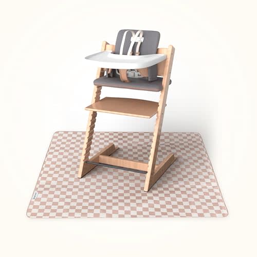 Tiny Twinkle Splat Mat for Under High Chair or Table | 44" x 44" Waterproof & Mess-Proof High Chair Mat for Baby, Machine Washable for Mealtime or Art(Beige Checkers)