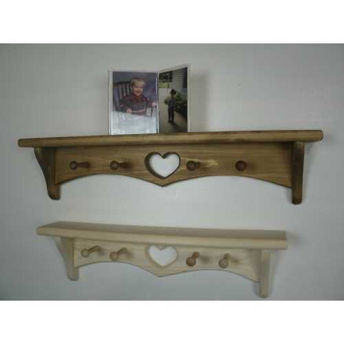 Heart shelf, peg shelf, Vintage look wood shelf, wooden wall shelf, heart shelf with pegs, peg shelf, wooden shelf with heart and  pegs