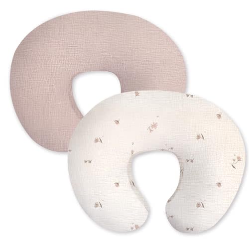 Little Grape Land Muslin Nursing Pillow Covers 2 Pack, 100% Cotton Removable Breastfeeding Pillow Covers, Feeding Pillow Slipcovers for Baby Boys & Girls, (Fog Flower & Rosy)
