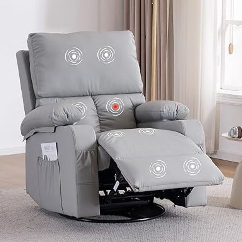 Rocking Recliner Chair with Heat and Massage, 360° Swivel Rocker Recliners with Vibration, Manual Reclining Chair with Cup Holders and Side Pockets, Living Room, Nursery, RV, Grey