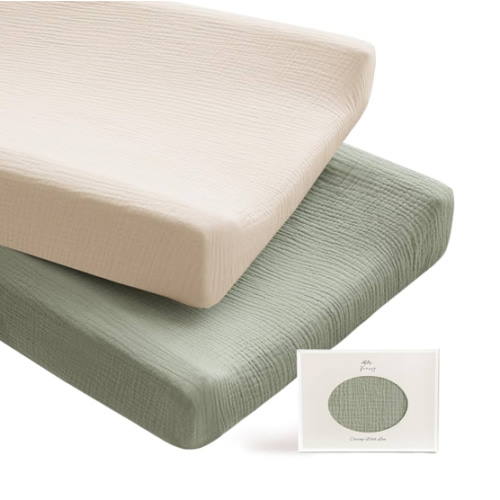 Konssy 2 Pack Muslin Changing Pad Covers for Boys, Ultra Soft & Breathable Cotton Baby Diaper Changing Table Covers, Neutral Nursery Diaper Changing Pad Sheets (Fog Green,Cream)