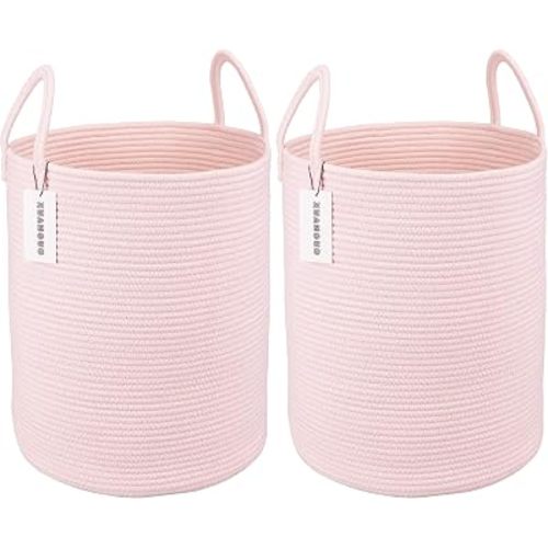 XUANGUO Cotton Rope Laundry Basket Hamper for Girls Kids Baby Nursery Hamper Bin Woven Storage Basket for Living Room Girls room Boho Tall Rope Baskets for Blanket Toys Large light pink (Pack of 2)
