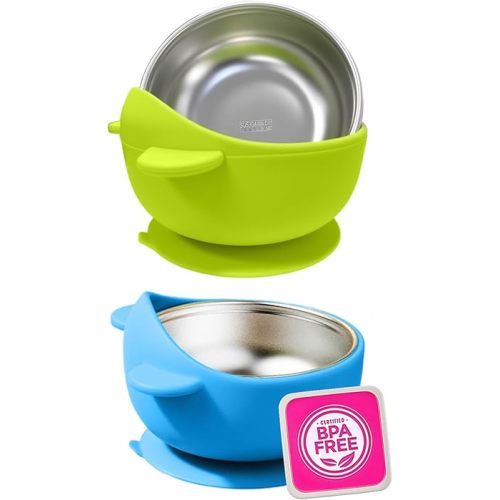 Stainless Steel Baby Bowls with Suction, 2-in-1 Toddler Feeding Set SUS304 Non-Toxic | Unbreakable & Anti-Scald | Super Strong Suction Base | Dishwasher Safe | Perfect Baby Gift - 2Pack 28.9