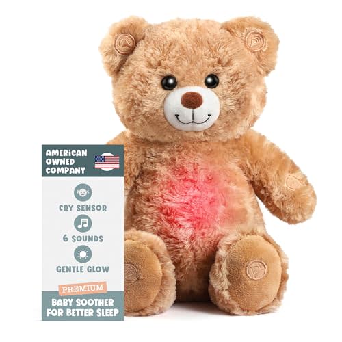 Gemma Joy Baby Sleep Soother Teddy Bear for Baby – Cry Activated Heartbeat Stuffed Animal – Rechargeable Crib Soother with White Noise, Shush, Lullabies & Night Light – Newborn Essentials Must Haves