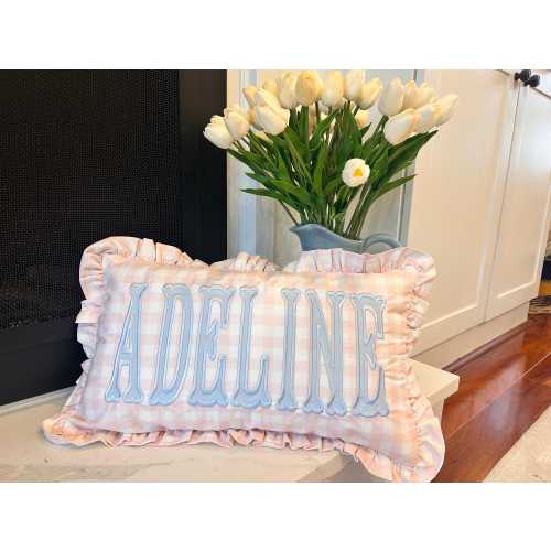 Monogrammed Gingham Pillow Cover, Ruffled Edge, Nursery Accent, Dorm Pillow