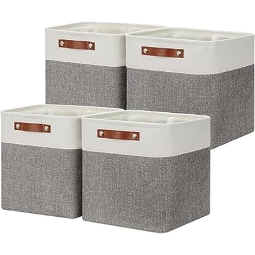 DULLEMELO [Set of 4 Storage Cubes Baskets for Organizing, 12 x 12 x 12 inch Cube Storage Organizer Bins with Leather Handles, Foldable Fabric Cloth Bins for Cube Storage(4 Pack - 12" White&Grey)