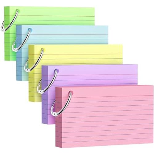 250 Count Index Cards 3x5 Inch with Key Ring, 180gsm Heavy Weight Colored Flash Cards 5 Color Assortment (50 Sheets Each) Note Taking for Students, Study Note Cards for Office School Supplies