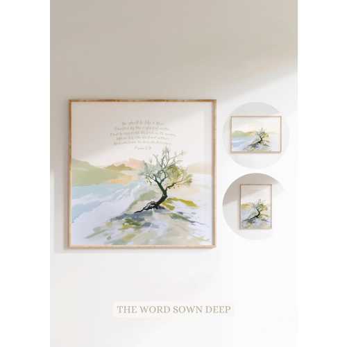 Digital DOWNLOAD Psalm 1 Like A Tree Psalms 1 Christian Landscape Painting Wall Art Abide Olive Tree by River Bible Birthday Christmas Gift