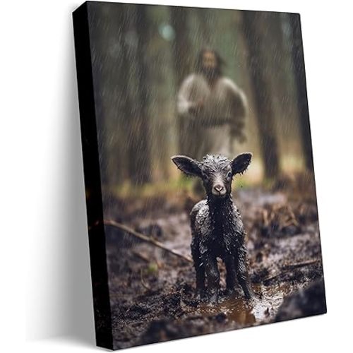 Jesus and Lamb Canvas Wall Art Black Sheep Lost Picture Wall Art Canvas Print Christian Home Decor 16x20 inch