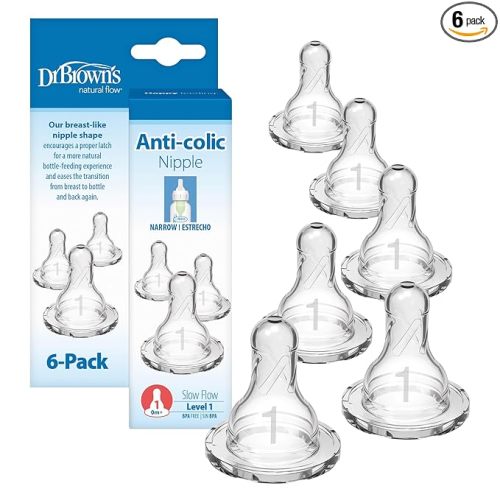 Dr. Brown's Natural Flow Level 1 Narrow Baby Bottle Silicone Nipple, Slow Flow, 0m+, 100% Silicone Bottle Nipple, 6 Count (Pack of 1)