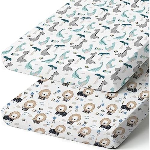 Pack n Play Sheets, BROLEX 2 Pack Mini Crib Sheets,Stretchy Portable Fitted Playard Sheet Set, Convertible Playard Mattress Cover,Ultra Soft Breathable Material,Dinosaur&Lion