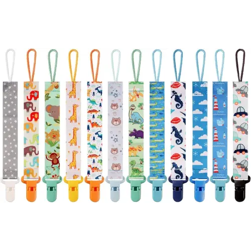 12 Pack Pacifier Clips with Strap 25.5cm - Premium Polyester Baby Pacifier Holder Set, Multi-Design Clips for Boys Girls (Multi Color C)