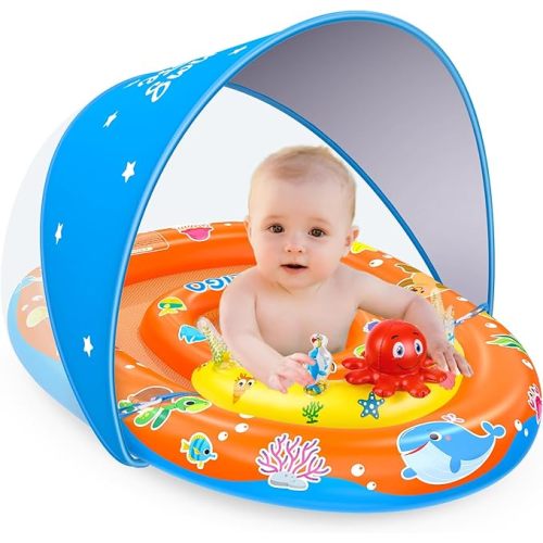 EZIGO Baby Pool Float with Canopy UPF50+ Sun Protection, Inflatable Kids Pool Floats with Ocean Animal Toys for Baby 6-36 Months, Infant Swimming Float with Adjustable Safety Seat for Boys Girls