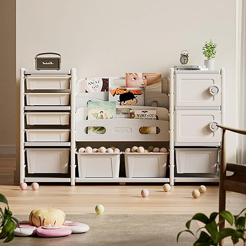 Kids Toy Storage Organizer with Bookshelf, 8 Bins and 2 Cabinet, Multi-Purpose Children's Toy Shelf Organizer with Bins for Playroom, Bedroom, Nursery, Living Room