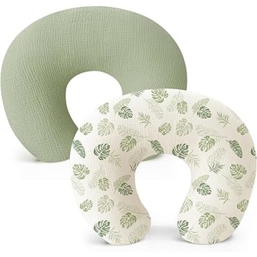 Konssy Muslin Nursing Pillow Covers, Soft and Cute Nursing Covers for Breastfeeding Pillows, Ideal for Newborn Baby Boys and Girls (Palm Paradise, Sage) - 2 Pack