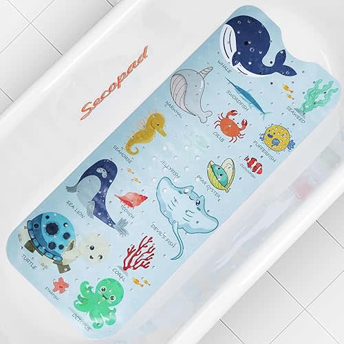 Bath Mat for Tub Non Slip, Machine Washable Anti-Slip Cartoon Baby Bathtub Shower Mat with Drain Holes and Suction Cups for Toddler & Kids, 40 Inch x 16 Inch, Blue Sea Animals