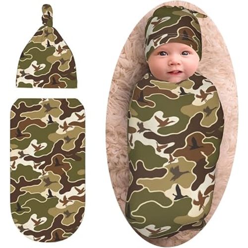 Camo Hunting Swaddle Blanket with Beanie Set, Soft and Stretchy Receiving Blanket for Shower Gifts Boy and Girl