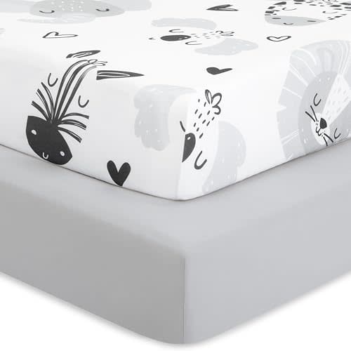 Evolur Zoo Love 2 Pack Crib Sheet, Fitted Crib Sheet for Standard Crib and Toddler Mattress, Soft and Breathable Crib Mattress Sheet