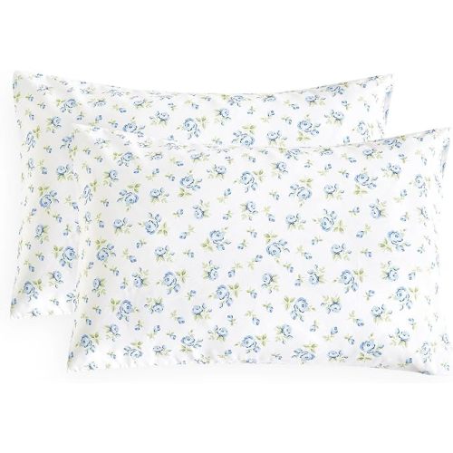 Wake In Cloud - Floral Pillow Cases, Coquette Cottagecore Aesthetic Flower Shabby Chic Rose Pattern, Set of 2 Soft Pillowcases Pillow Shams Covers, White Blue, Standard Size 20x26 Inches
