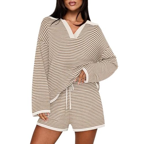 MEROKEETY Lounge Sweater Sets for Women 2 Piece Outfits Casual Long Sleeve Striped Tops Shorts Matching Set