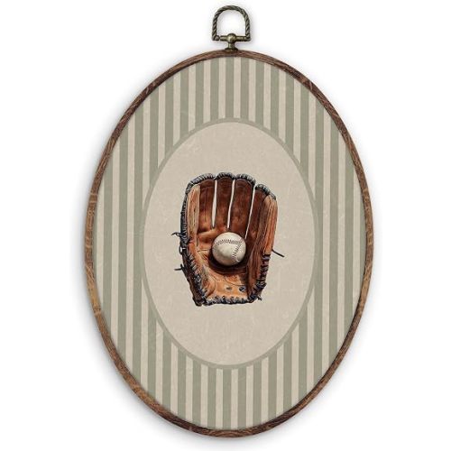 DILSJ Vintage Baseball Glove Nursery Oval Wall Art Decor, Boys Room Canvas Wall Art Framed, Sports Green Striped Hanging Decorations for Kids Boys Nursery Bedroom Playroom Sports Room, 8.5x11 Inch
