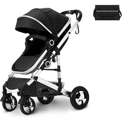 Kinder King 2 in 1 Convertible Baby Stroller, Folding High Landscape Infant Carriage, Adjustable Canopy, Diaper Bag, Anti-Shock Toddler Pushchair Stroller, Black