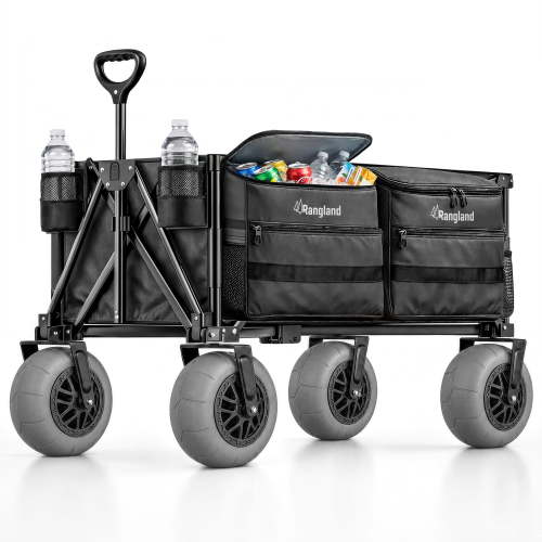 Rangland Beach Wagon RX800 with Removable Cooler and Big Air Wheels for Sand, All-Terrain Heavy Duty Folding Cart with Balloon Tires, Dual Compartment Outboard Carrier (Black)