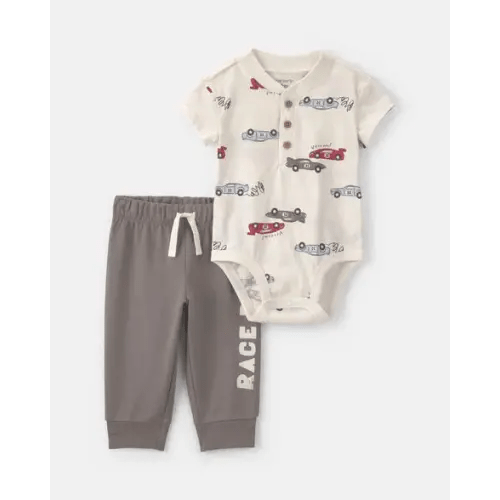 Baby Boy 2-Piece 'Race Day' Car French Terry Bodysuit & Pant Set - Grey/White | Carter's