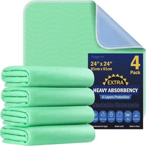 4 Pack 24” x 24” Extra Heavy Absorbency Washable Underpads, Waterproof Nursing Pads Incontinence Bed Pads, Reusable Washable Pee Pads for Dogs, Diaper Changing & Adults, Washable Puppy Pads