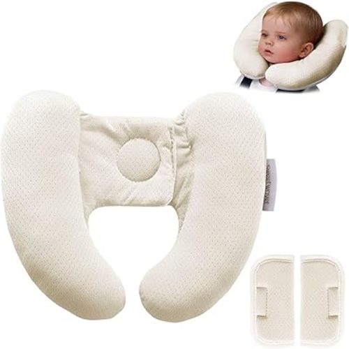 Baby Neck Pillow for Car Seat and Stroller, Adjustable Baby Head Support Pillow for Travel, Soft and Cushiony Torticollis Pillows for Infant and Newborn (Beige)